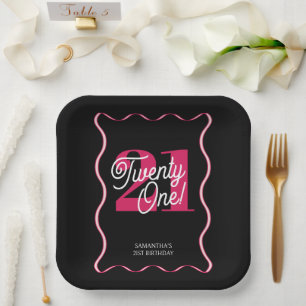 Twenty One Retro Wavy Black Pink Birthday Papieren Bordje