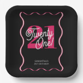 Twenty One Retro Wavy Black Pink Birthday Papieren Bordje (Voorkant)
