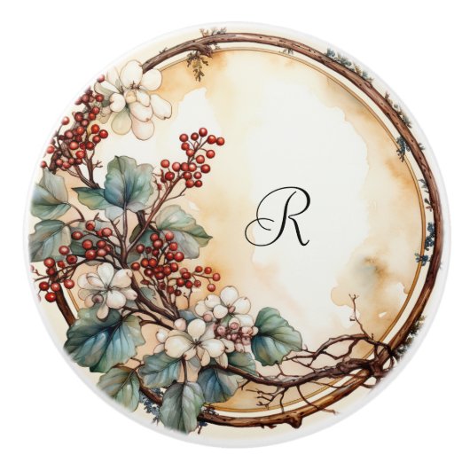 Twig Krans Witte Bloemen Rode bessen Keramische Knop (Voorkant)