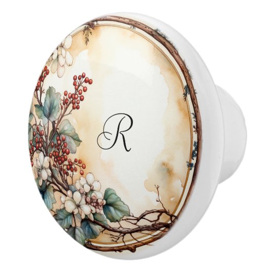 Twig Krans Witte Bloemen Rode bessen Keramische Knop (Rechts)