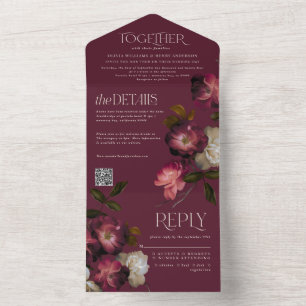 Twijfelachtige Bloem Donkere Chic Burgundy Trouw Q All In One Uitnodiging