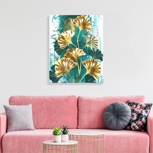 Twijg met gouden bladeren Ginko Biloba Canvas Afdruk (Insitu (Woonkamer))