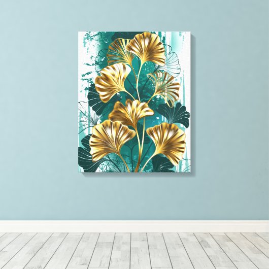 Twijg met gouden bladeren Ginko Biloba Canvas Afdruk (Insitu (Houten vloer))