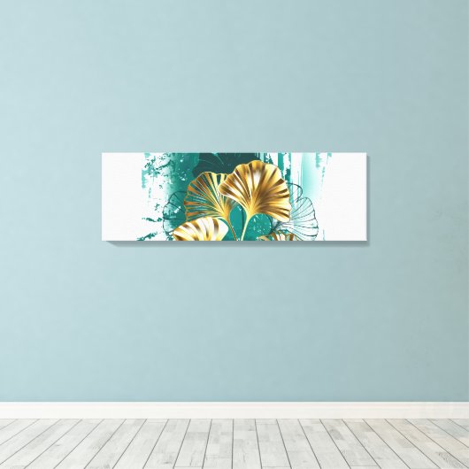 Twijg met gouden bladeren Ginko Biloba Canvas Afdruk (Insitu (Houten vloer))