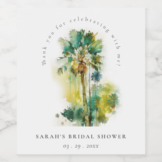 Twijgachtige Tropische Waterverf Palmboom Bruidsdo Wijn Etiket (Enkel label)