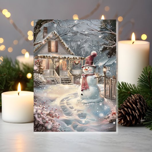 Twijkelende knusse kerstcottage met sneeuwman kaart