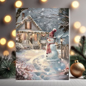 Twijkelende knusse kerstcottage met sneeuwman kaart