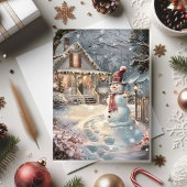 Twijkelende knusse kerstcottage met sneeuwman kaart