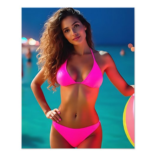 Twilight Beach Portrait - Vrouw in Neon Pink Bikin Foto Afdruk (Voorkant)