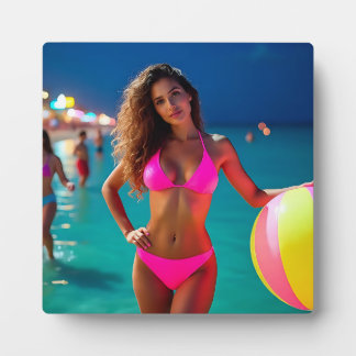 Twilight Beach Portrait - Vrouw in Neon Pink Bikin Fotoplaat