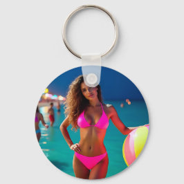 Twilight Beach Portrait - Vrouw in Neon Pink Bikin Sleutelhanger