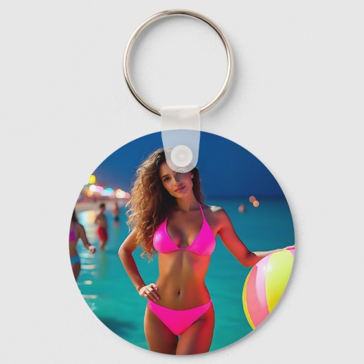 Twilight Beach Portrait - Vrouw in Neon Pink Bikin Sleutelhanger (Voorkant)