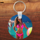 Twilight Beach Portrait - Vrouw in Neon Pink Bikin Sleutelhanger (Voorkant)