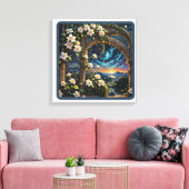 Twilight bloesems door de gebogen tuinmuur canvas afdruk (Insitu (Woonkamer))