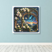 Twilight bloesems door de gebogen tuinmuur canvas afdruk (Insitu (Houten vloer))