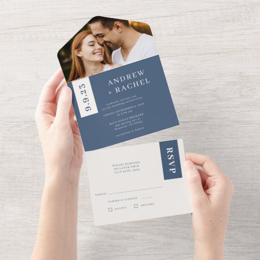 Twilight Blue Blocks Weddenfoto All In One Uitnodiging (Afscheurbaar)