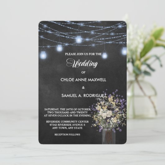 Twilight Blue Mason Jar Floral Wedding Invitation Kaart (Staand voorkant)