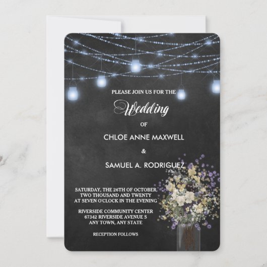 Twilight Blue Mason Jar Floral Wedding Invitation Kaart (Voorkant)