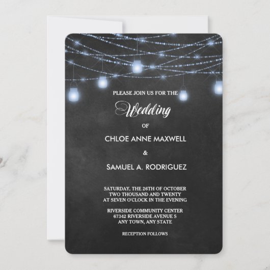Twilight Blue String Lights Wedding Invitation Kaart (Voorkant)