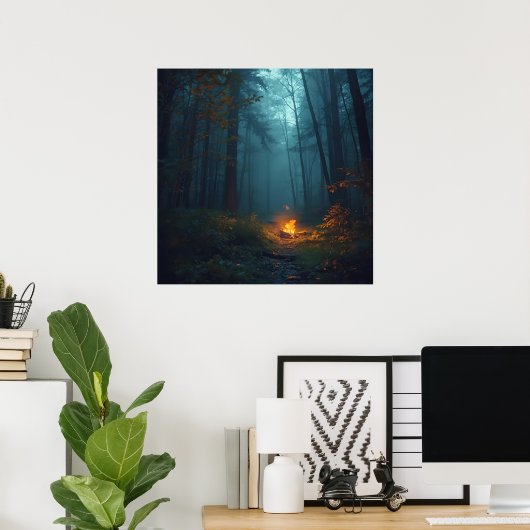 Twilight Campfire – Mystical Forest Art Print (Thuiskantoor)