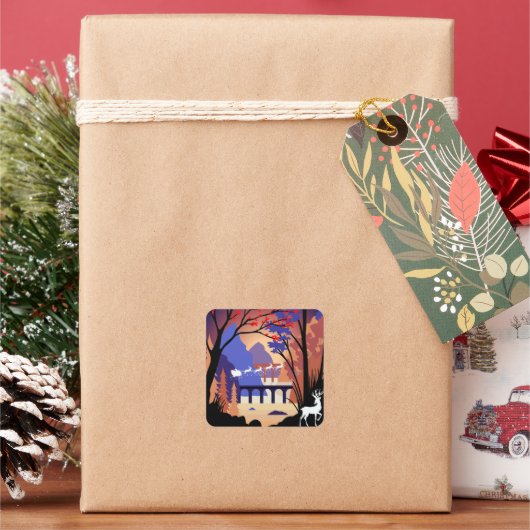 Twilight Forest Kerstmis Sinterklaas slee Vierkante Sticker (Feestdagen)