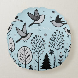 Twilight Forest Vogels Lichtblauw Rond Kussen