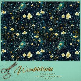 Twilight Garden Navy Blue, Goud Bloemen Decoupage Tissuepapier