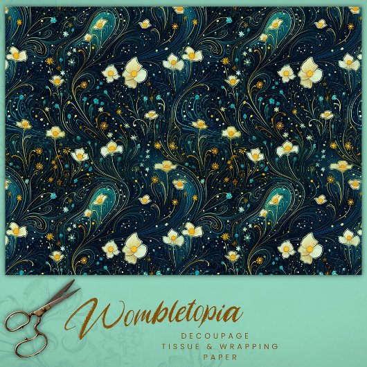 Twilight Garden Navy Blue, Goud Bloemen Decoupage Tissuepapier