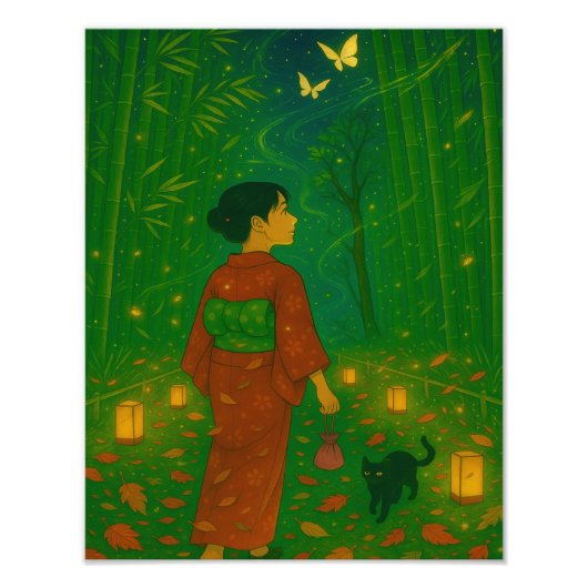 Twilight in het bamboebos – Kimono Girl Foto Afdruk (Voorkant)