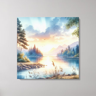 Twilight kleuren reflecteren op stilstaand water canvas afdruk