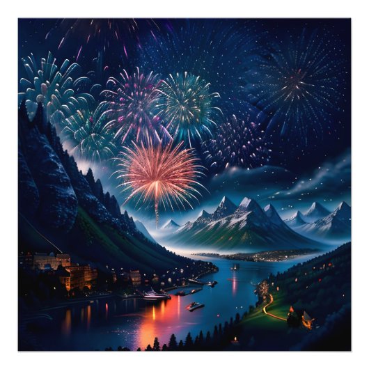Twilight Mountain met vuurwerk Foto Afdruk (Voorkant)