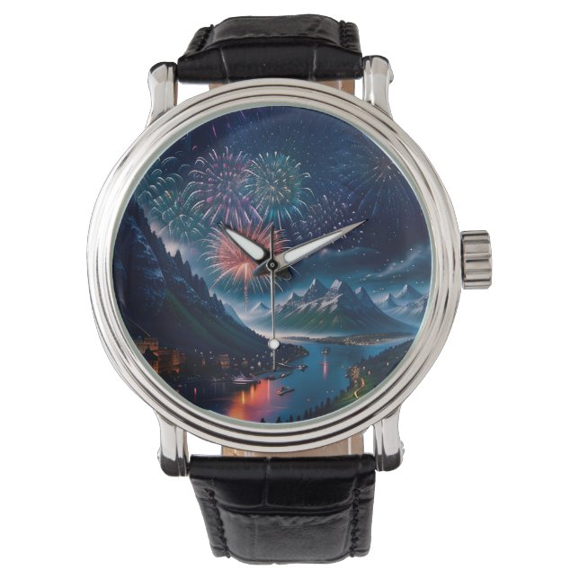 Twilight Mountain met vuurwerk Horloge (Voorkant)