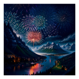 Twilight Mountain met vuurwerk Perfect Poster