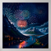 Twilight Mountain met vuurwerk Poster (Voorkant)