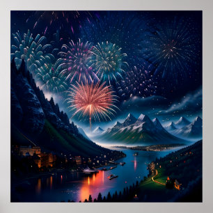 Twilight Mountain met vuurwerk Poster