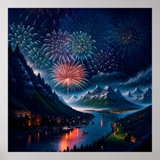 Twilight Mountain met vuurwerk Poster (Voorkant)