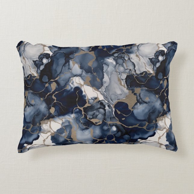 Twilight Navy Blue en Grey met Antiek Gold Accent Kussen (Voorkant)