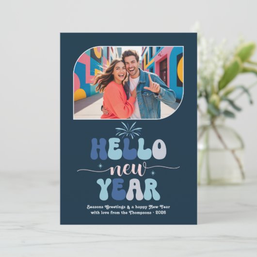Twilight Ocean Hello New Year Blue Retro Photo Feestdagenkaart (Staand voorkant)