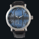Twilight Palm Trees Silhouetten Tropisch Monogram Horloge<br><div class="desc">Elegante tropische palmbomen monogram horloge.</div>