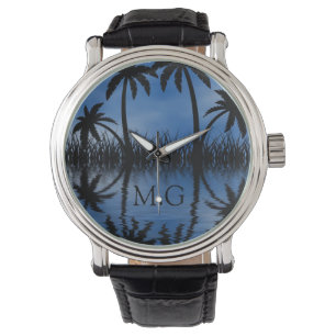 Twilight Palm Trees Silhouetten Tropisch Monogram Horloge