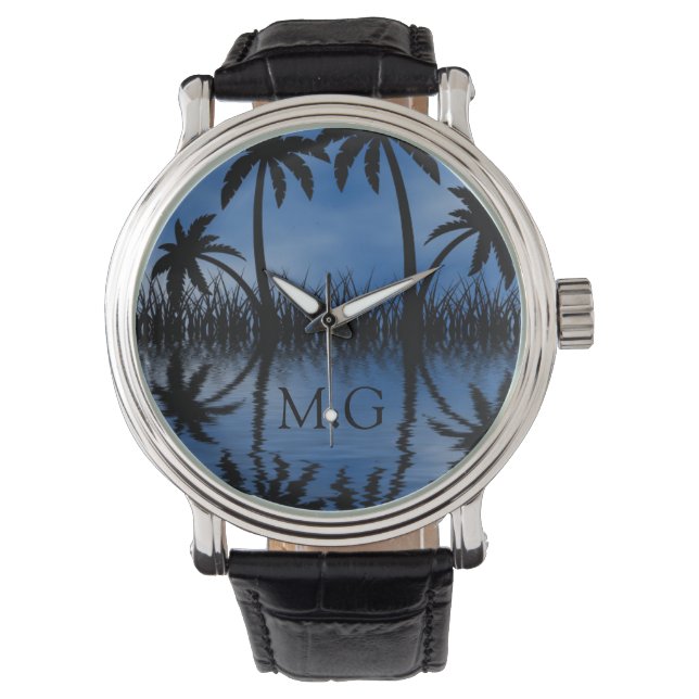 Twilight Palm Trees Silhouetten Tropisch Monogram Horloge (Voorkant)