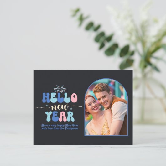 Twilight Pop New Year Retro Modern Blue Photo Feestdagenkaart (Staand voorkant)