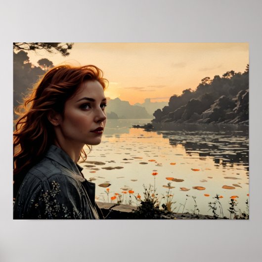 Twilight Reflections - Vrouw aan het meer Poster (Voorkant)
