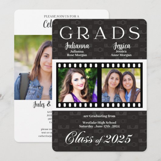 Twin Afstuderen Class of 2022 Film Theme Photo Inv Kaart (Voorkant / Achterkant)