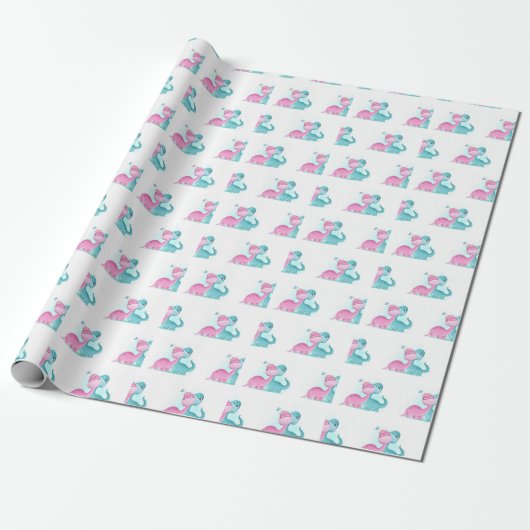 Twin Aqua en Pink Dinosaur Cadeaupapier (Uitgerold)