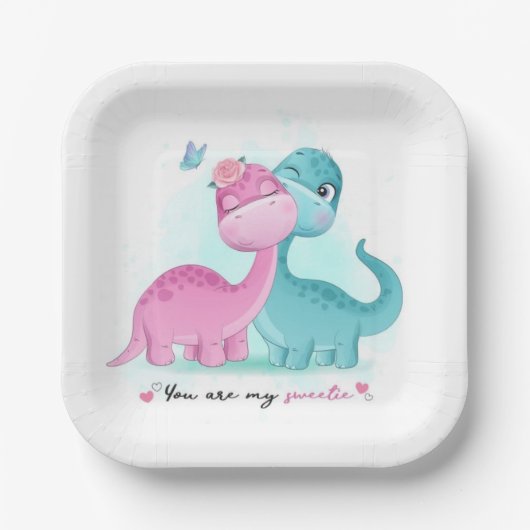 Twin Aqua en Pink Dinosaur Papieren Bordje (Voorkant)
