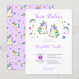 Twin Babies Cute unicorn baby shower Invitation Kaart
