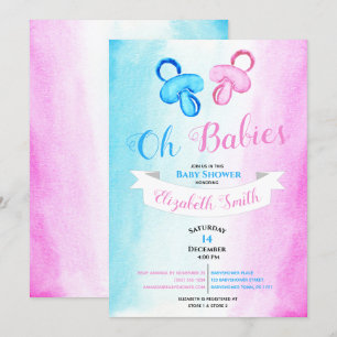 Twin baby boy and girl watercolor babyshower kaart