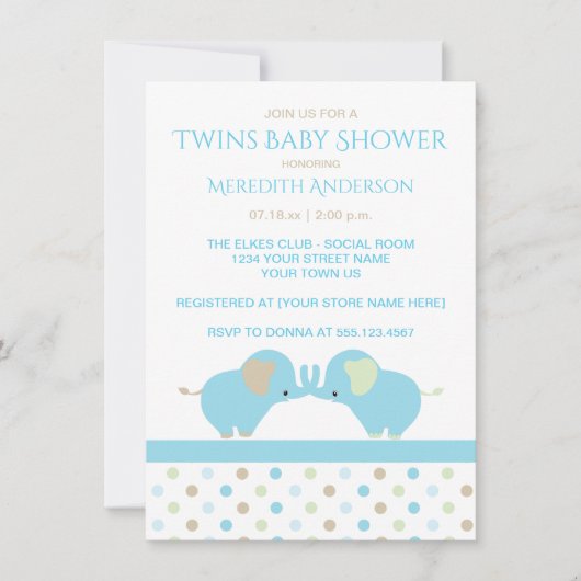 Twin Baby Boy Olifanten Baby Douche Uitnodigingen (Voorkant)