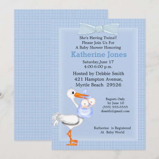 Twin Baby Boy Shower Invitation (Stork) Kaart (Voorkant / Achterkant)